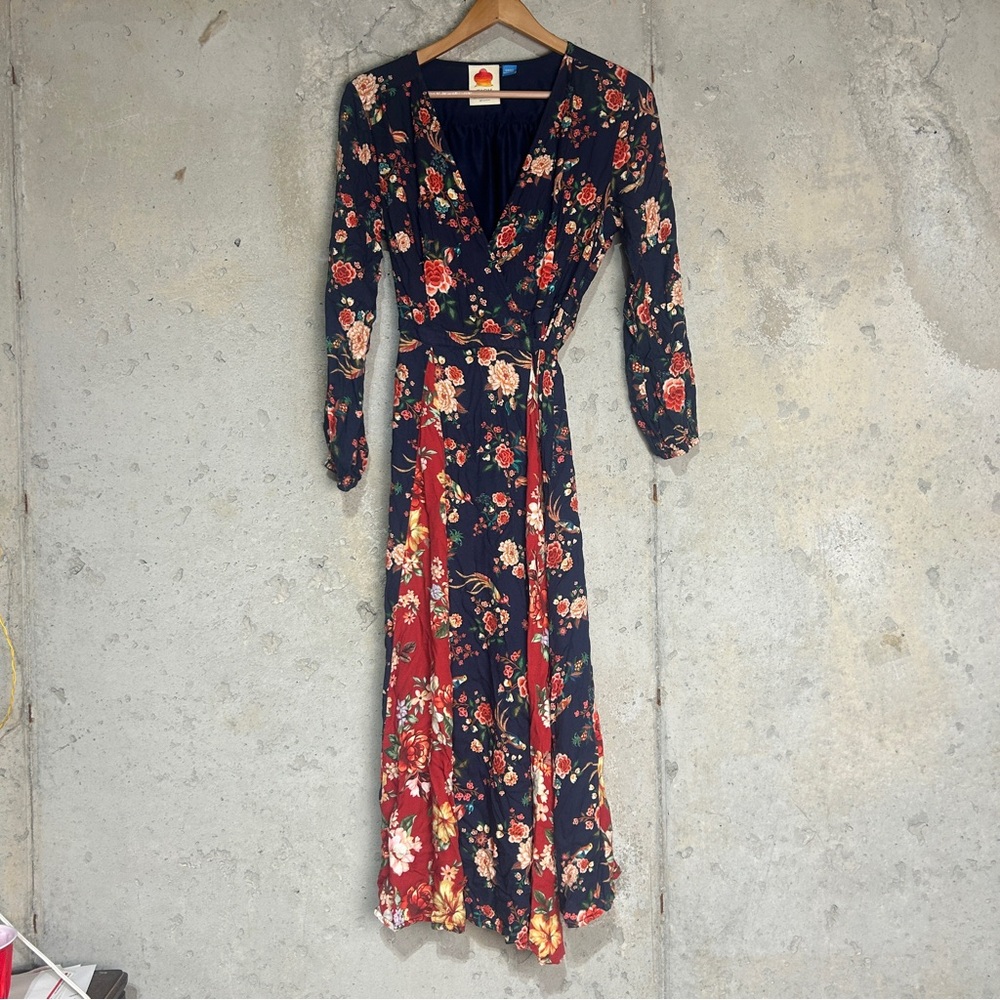 Farm Rio, Graciea navy Rust red floral wrapped dress petite small - Picture 4 of 10